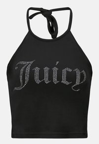 Svart halter crop top med "Juicy" i silverfärgade strassstenar. Mjukt material med knytning i ryggen och figurnära silhuett.