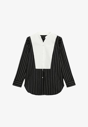 Sort og hvid stribet skjorte med V-hals, lange ærmer, knaplukning foran og en ensfarvet hvid panel over brystet.