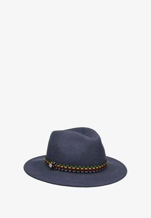 Navy blue felt fedora with a wide brim and a decorative multicolored braided band circling the base of the crown.