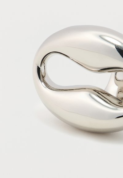 Λείο, γυαλισμένο γλυπτό από ασημένιο μέταλλο με αφηρημένο, οργανικό οβάλ σχήμα με βρόχους σε απλό λευκό φόντο.