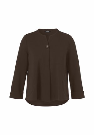 Dark brown long-sleeve jacket with round neckline, single top button closure, and subtle front pockets, displayed on a white background.