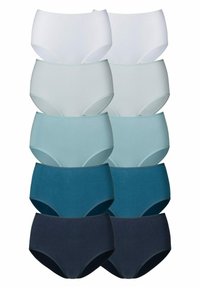 Tien paar dames hooggeknipte onderbroekjes in verschillende tinten wit, lichtblauw, teal en donker marineblauw; eenvoudig ontwerp, rekbare stof.