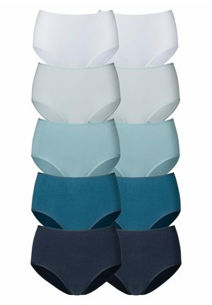 Tien paar dames hooggeknipte onderbroekjes in verschillende tinten wit, lichtblauw, teal en donker marineblauw; eenvoudig ontwerp, rekbare stof.