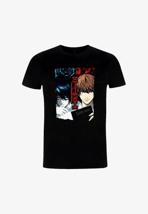 Zwart T-shirt met anime-stijl personages die een notitieboekje vasthouden met de titel "Death Note" en de rode tekst "DEATH NOTE" verticaal ertussen.