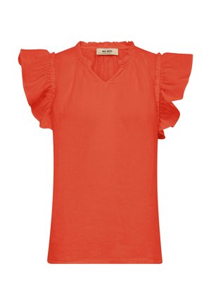 Korálová krátká halenka s volánkovými rukávy a malým volánkem kolem výstřihu, s V-označeným výřezem vpředu.