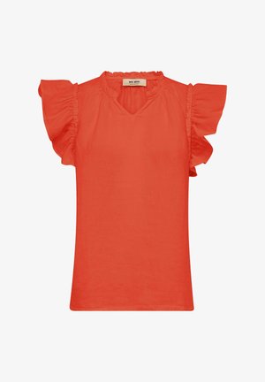Korallenfarbene Kurzarmbluse mit gerafften Ärmeln und einem kleinen Rüschendetail am Ausschnitt, mit einer V-förmigen Einkerbung vorne.