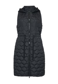 Gilet trapuntato nero con cappuccio, zip frontale, vita regolabile con cordino e un motivo a bolle testurizzate. Tessuto liscio con finitura opaca.