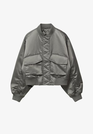 Kurze graue gesteppte Bomberjacke mit geripptem Kragen, Bündchen, Saum und zwei großen Klappentaschen vorne.