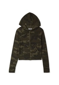 Felpa con zip camouflage verde scuro, dotata di cappuccio, tasche frontali e polsini a coste. Realizzata in un tessuto morbido e elastico con un design aderente.