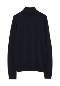 Dunkelblauer Strickpullover mit hohem Kragen, langen Ärmeln und lässiger Passform. Glatte Textur und gerippte Bündchen sowie Saum. Erscheint ohne Muster.