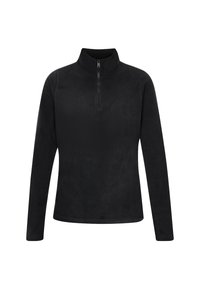 Zwarte fleece pullover met een hoge kraag, lange mouwen en een rits aan de voorkant. Zachte textuur met een gladde, matte afwerking.