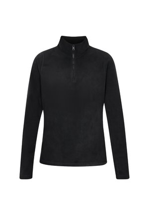 Zwarte fleece pullover met een hoge kraag, lange mouwen en een rits aan de voorkant. Zachte textuur met een gladde, matte afwerking.