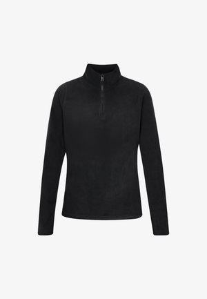 Sort fleece pullover med høj krave, lange ærmer og frontlynlås. Blød tekstur med en glat, mat finish.