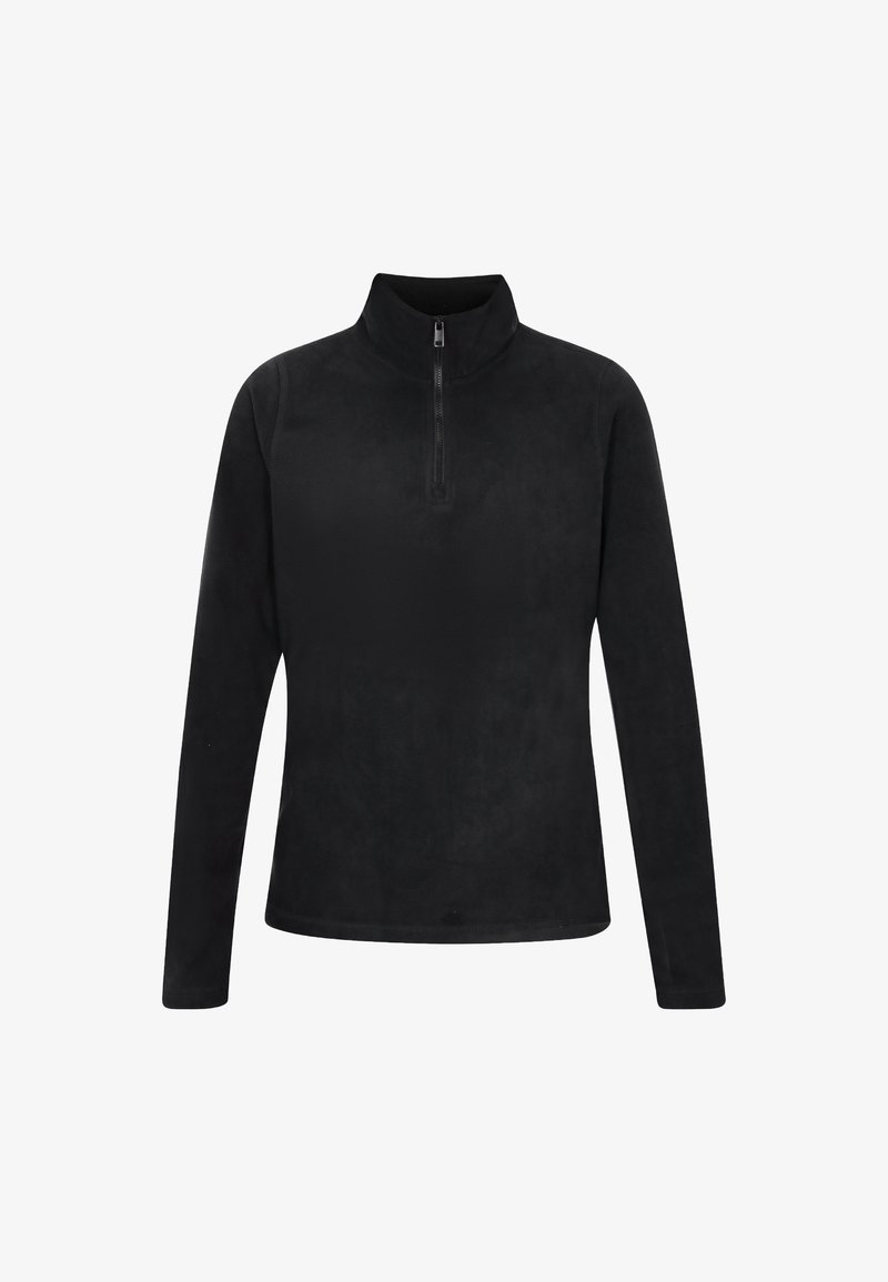 Zwarte fleece pullover met een hoge kraag, lange mouwen en een rits aan de voorkant. Zachte textuur met een gladde, matte afwerking.