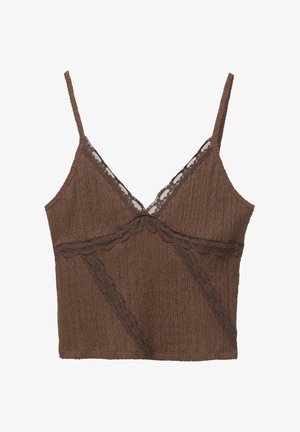 Brauner, strukturierter Bralette mit Spitzenrand und verstellbaren Trägern, ausgestattet mit einem V-Ausschnitt und dekorativen Nähdetails.