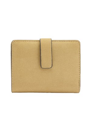 Żółty portfel zamszowy o prostokątnym kształcie, zamykany na zatrzask, z kontrastującym ciemnym przeszyciem na krawędziach. Gładka faktura, minimalistyczny design.