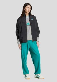 Schwarze leichte Bomberjacke über einem grauen Sweatshirt, kombiniert mit teal-farbenen Hosen. Weiße und grüne Sneakers mit gestreiften Akzenten runden den Look ab.