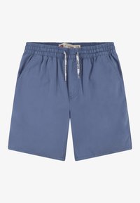 Pantalones cortos informales azules con cintura elástica, cordones blancos con la marca Levi's, bolsillos laterales y tela ligera.