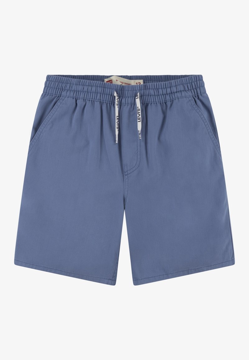 Pantalones cortos informales azules con cintura elástica, cordones blancos con la marca Levi's, bolsillos laterales y tela ligera.