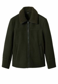 Giacca in misto lana verde scuro con zip frontale, ampio collo in pile e due tasche anteriori. Texture liscia e design strutturato.