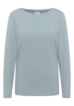 Light blue long-sleeve shirt made of soft fabric. Features a round neckline and a relaxed fit, with minimal stitching details at the hems.