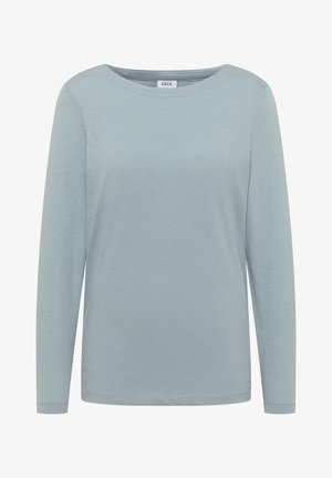 Lichtblauw langarmshirt van zachte stof. Kenmerkt zich door een ronde halslijn en een relaxte pasvorm, met minimale stikdetails aan de randen.