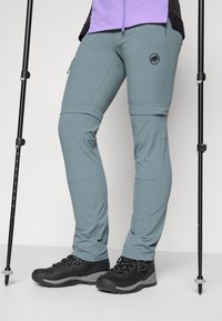 Persona che indossa pantaloni da escursionismo blu chiaro, stivali da escursionismo neri e tiene in mano bastoni da trekking neri, in piedi su uno sfondo semplice.
