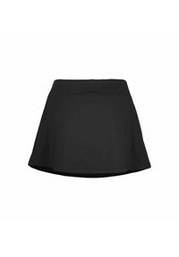 Schwarzer Skaterrock mit einer enganliegenden Taille, ausgestelltem Design und glatter Textur. Keine sichtbaren Muster oder Akzente.