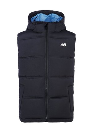 Gilet imbottito nero con cappuccio, dotato di una cerniera frontale, tasche laterali e un rivestimento blu. Include un piccolo logo bianco sul petto.