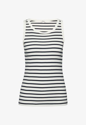 Mouwloos wit tanktop met gelijkmatig verdeelde horizontale marineblauwe strepen en een ronde halslijn.