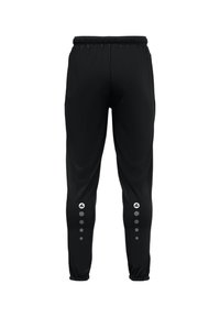 Pantalons de sport noirs avec une taille élastique, des jambes fuselées et des accents en forme de cercle réfléchissants le long des côtés inférieurs pour plus de visibilité.