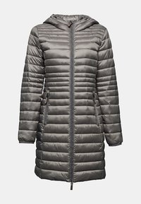 Gray puffer coat with a hood, featuring horizontal quilted design, a front zipper, and side pockets. Smooth, shiny texture.