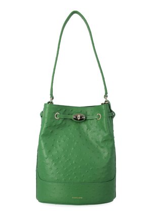 Borsa a tracolla in pelle verde con texture, dotata di tracolla lunga, chiusura ovale argentata e marchio "Zanellato" alla base.