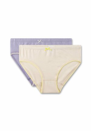 Zwei Paare aus Baumwollunterwäsche, ein Paar lavendelfarben und ein Paar cremefarbig mit gelben Akzenten. Beide verfügen über ein weiches Material und genähte Kanten.