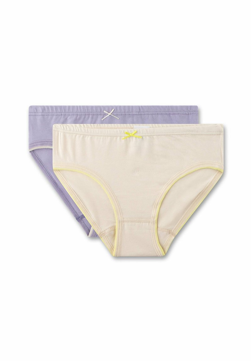 Zwei Paare aus Baumwollunterwäsche, ein Paar lavendelfarben und ein Paar cremefarbig mit gelben Akzenten. Beide verfügen über ein weiches Material und genähte Kanten.