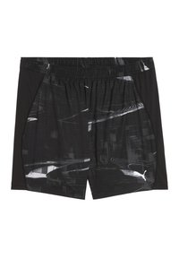Schwarze Sportshorts mit grauem abstraktem Muster, elastischem Bund, Seitenpanels und einem weißen Logo. Aus leichtem Material gefertigt.