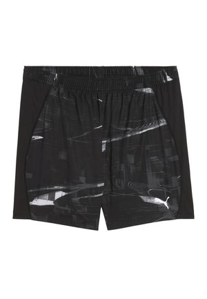 Schwarze Sportshorts mit grauem abstraktem Muster, elastischem Bund, Seitenpanels und einem weißen Logo. Aus leichtem Material gefertigt.