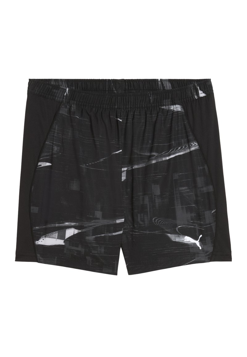Schwarze Sportshorts mit grauem abstraktem Muster, elastischem Bund, Seitenpanels und einem weißen Logo. Aus leichtem Material gefertigt.