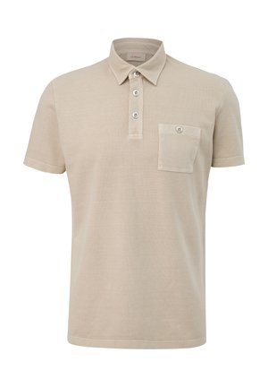 Beige Poloshirt aus strukturiertem Strickmaterial mit klassischem Kragen, Dreiknopf-Leiste und einer Brusttasche mit Knopf.