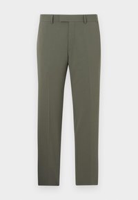 Slim fit, olíva zöld nadrág, sima anyagból készült, lapos elejű, övhurkokkal és oldalsó zsebekkel. Szabott kialakítás és letisztult vonalak.