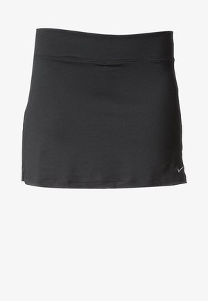 Zwarte sportrok met een klein Nike-logo aan de rechteronderkant, met een gewone elastische tailleband en gladde stof.