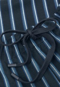 Blå och vit randig textil med dragsko. Materialet verkar mjukt, med en texturerad yta och tunna, kontrasterande ränder.