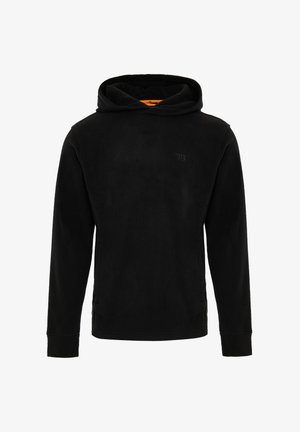 Sudadera de forro polar negra con un bolsillo frontal tipo canguro, que presenta un logotipo sutil en el pecho y una capucha ajustable. Textura suave.