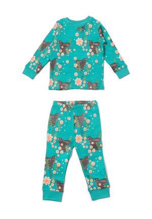 Turquoise pajama set featuring long-sleeve top and pants. Design includes brown rabbits and pink flowers with green foliage. Soft fabric.