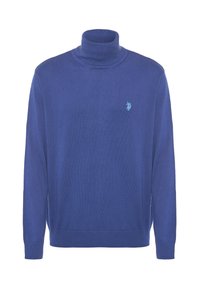 Maglione a collo alto blu realizzato in morbido tessuto a maglia. Presenta polsini e orlo a coste, con un piccolo logo ricamato sul petto.