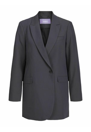 Tmavě šedý oversize blazer s špičatými klopami, jedním knoflíkem na zapínání, dvěma předními kapsami a hladkou texturou látky. Název značky viditelný uvnitř.