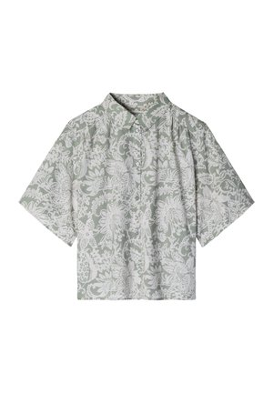Short-sleeve button-up shirt with gray background and white intricate floral and paisley pattern, featuring a classic collar.