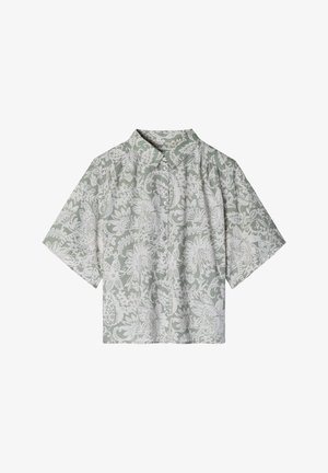 Short-sleeve button-up shirt with gray background and white intricate floral and paisley pattern, featuring a classic collar.