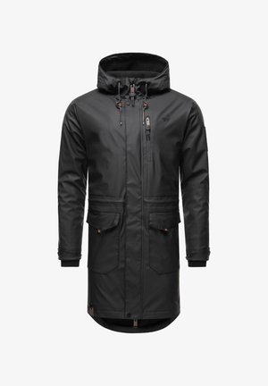 Must valge veekindel jope kapuutsiga, lukuga esiküljel, kahe esipocketiga ja elastsete mansettidega. Omab siledat viimistlust ja pikemat lõiget.