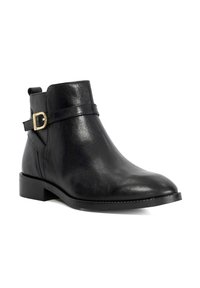 Black leather ankle boot with a rounded toe, featuring a decorative strap and gold buckle, and a low block heel for stability.